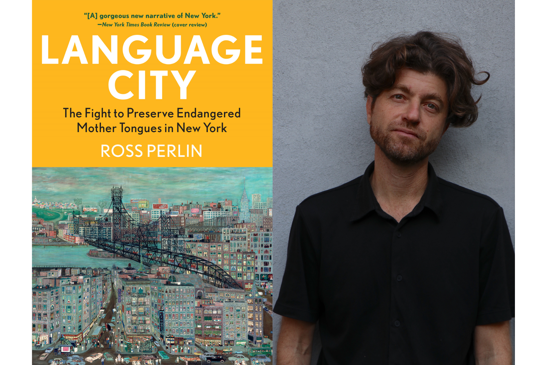 A book cover entitled Language City next to a man smiling 